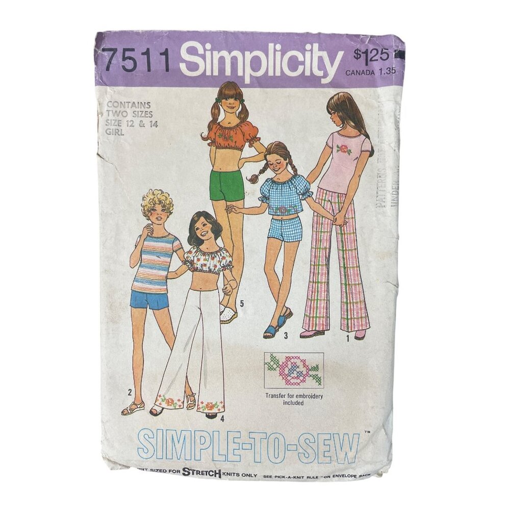 70s Simplicity 7511Sewing Pattern Size 12 & 14 Girls Top Pant Shorts Retro CUT